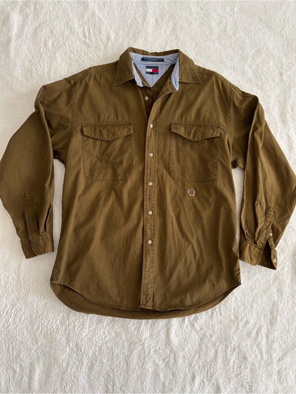 Vintage Tommy Hilfiger Crest Shirt Mens Size M Olive Green Twill Workwear 90s